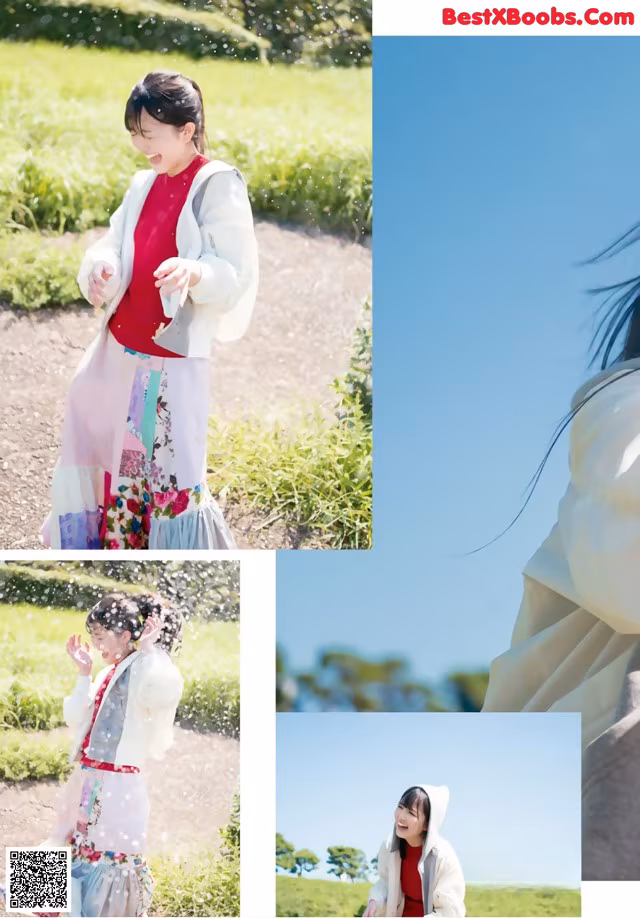A collage of photos of a woman in a white jacket and skirt.