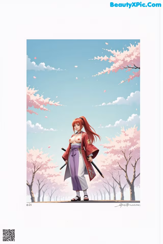 A woman in traditional attire stands amidst cherry blossoms under a clear sky.