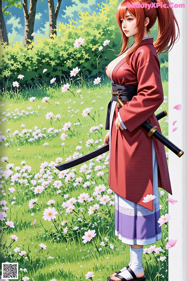 A woman in traditional attire stands in a field of flowers, holding a sword.