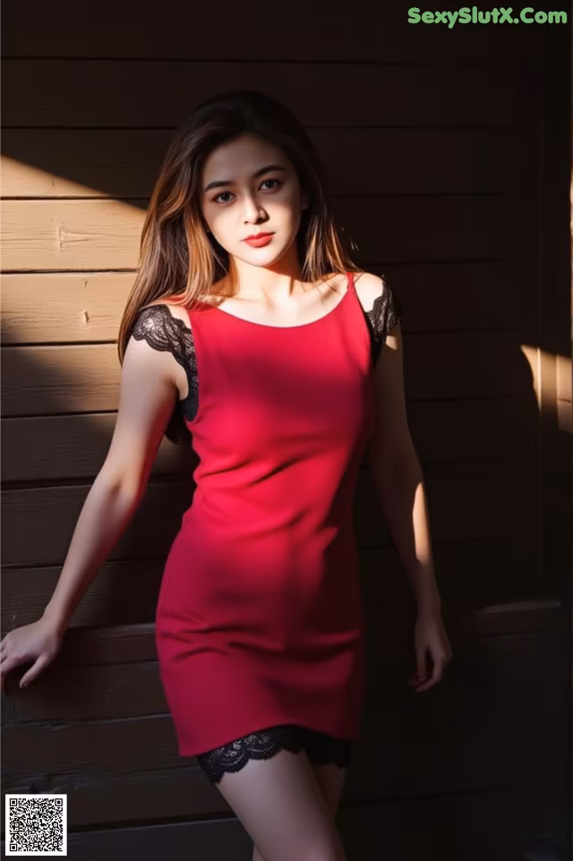 A woman in a red dress leaning against a wooden wall.