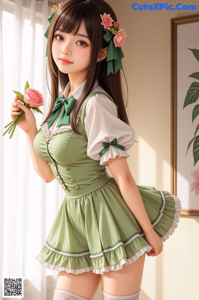 A woman in a green dress holding a pink rose.