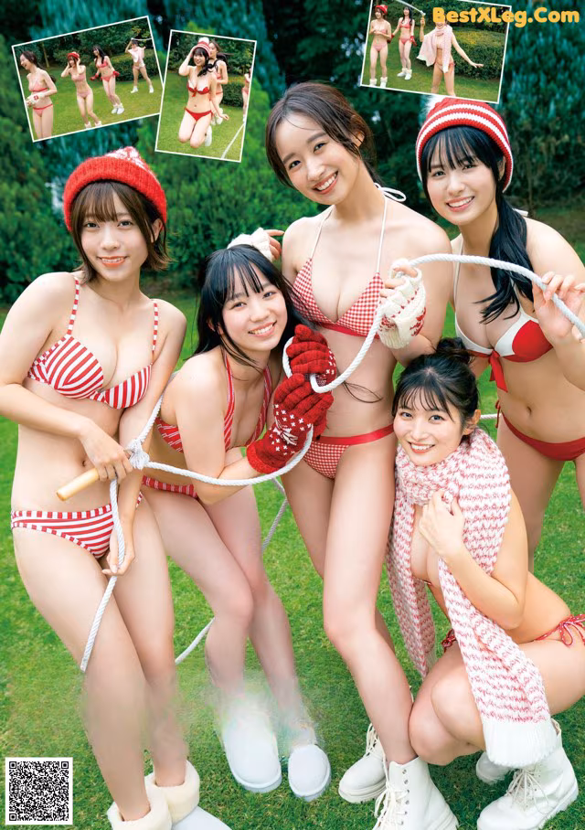 A group of young women in red and white bikinis posing for a picture.