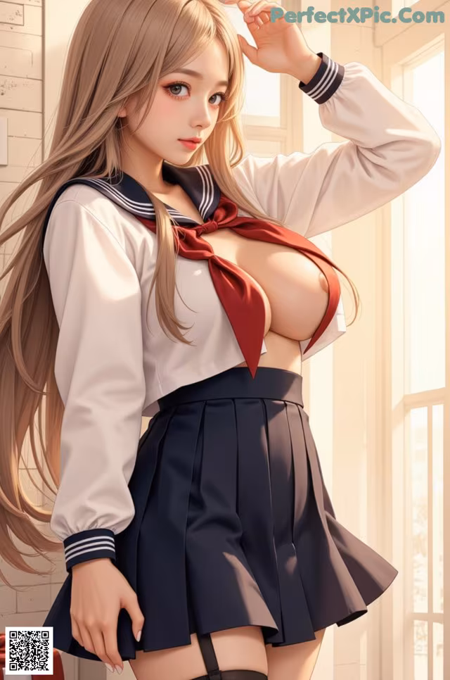 A woman in a school uniform posing for a picture.