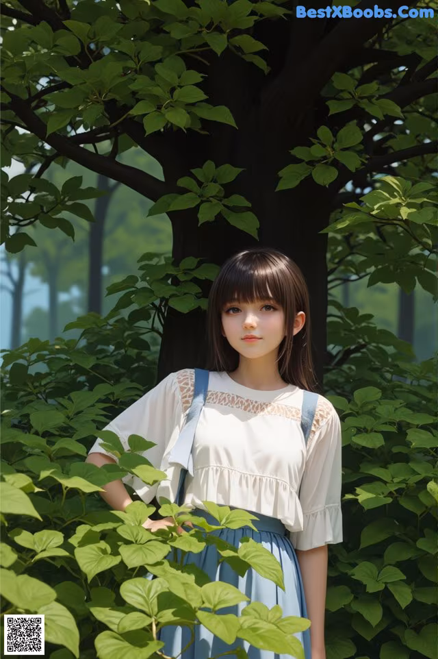 A woman standing in front of a tree in a forest.