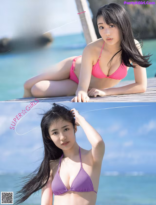 A woman in a pink bikini sitting on a dock.