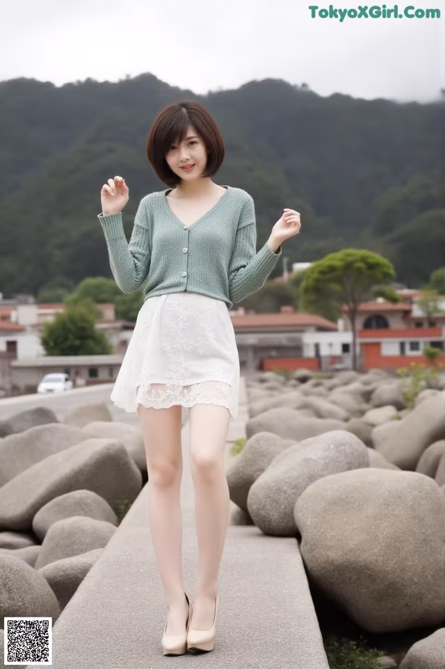 A woman in a green sweater and white skirt posing for a picture.