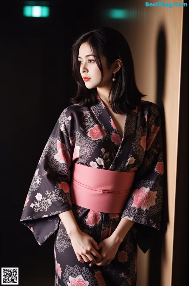A woman in a black and pink kimono leaning against a wall.
