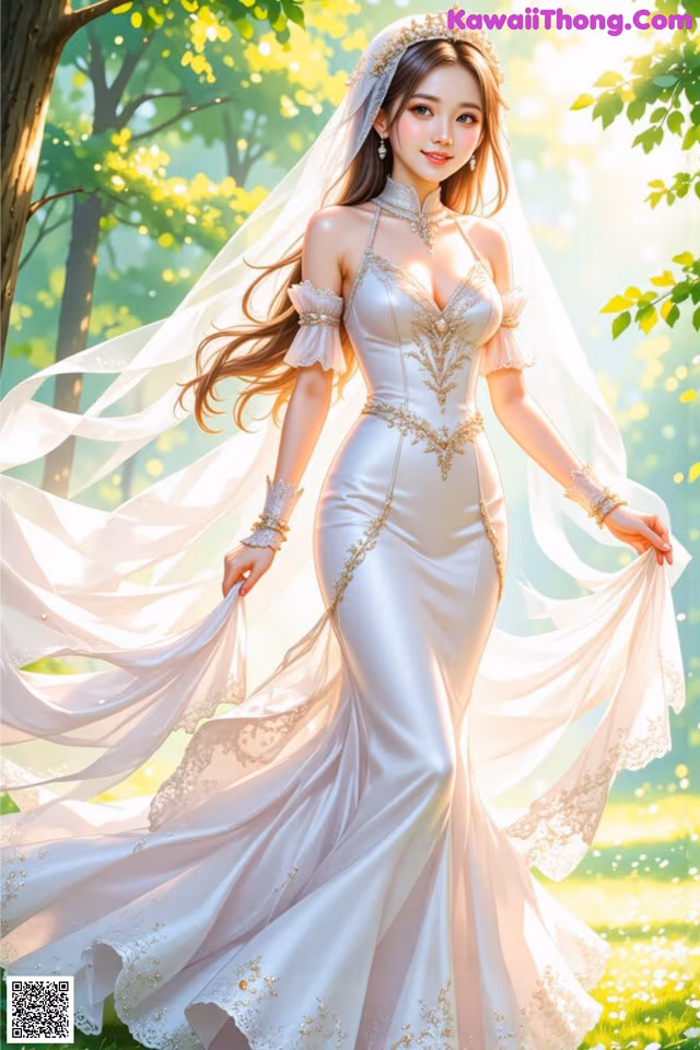 A woman in a wedding dress standing in a forest.