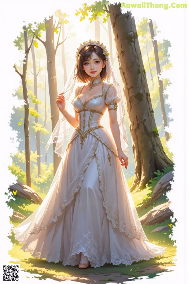 A woman in a wedding dress standing in the woods.