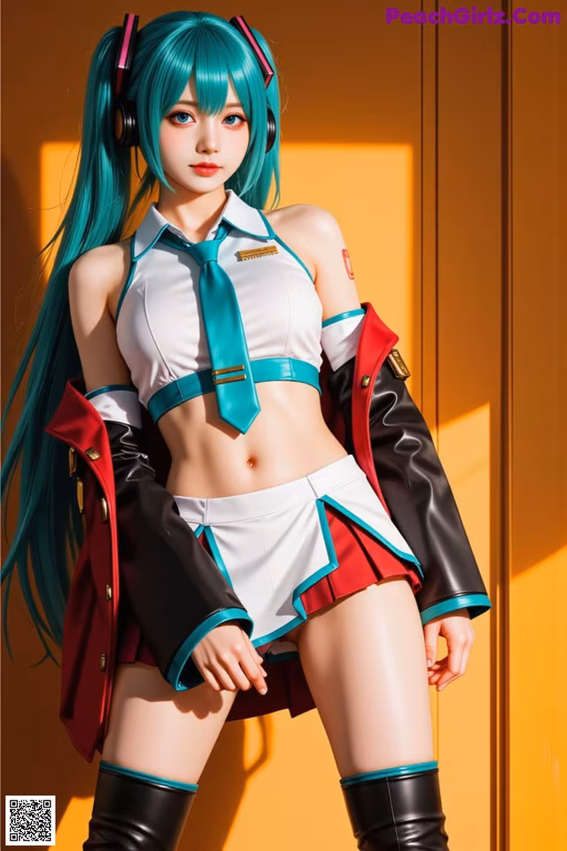 A woman with long green hair wearing a white and red outfit.
