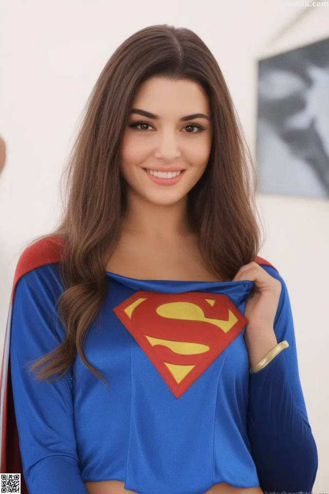 A woman in a superman costume posing for a picture.