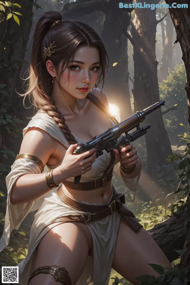 A woman holding a rifle in a forest.