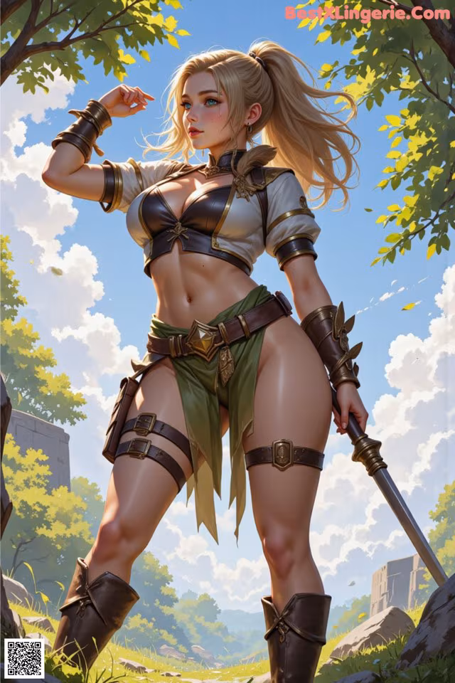 A woman in a bikini holding a sword in a forest.