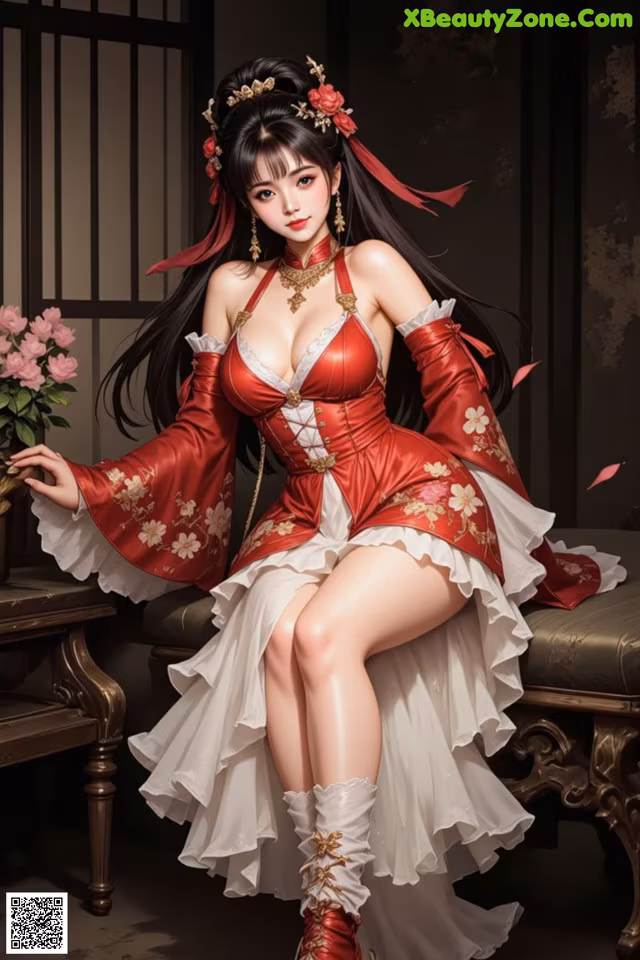 A woman in a red and white dress sitting on a chair.