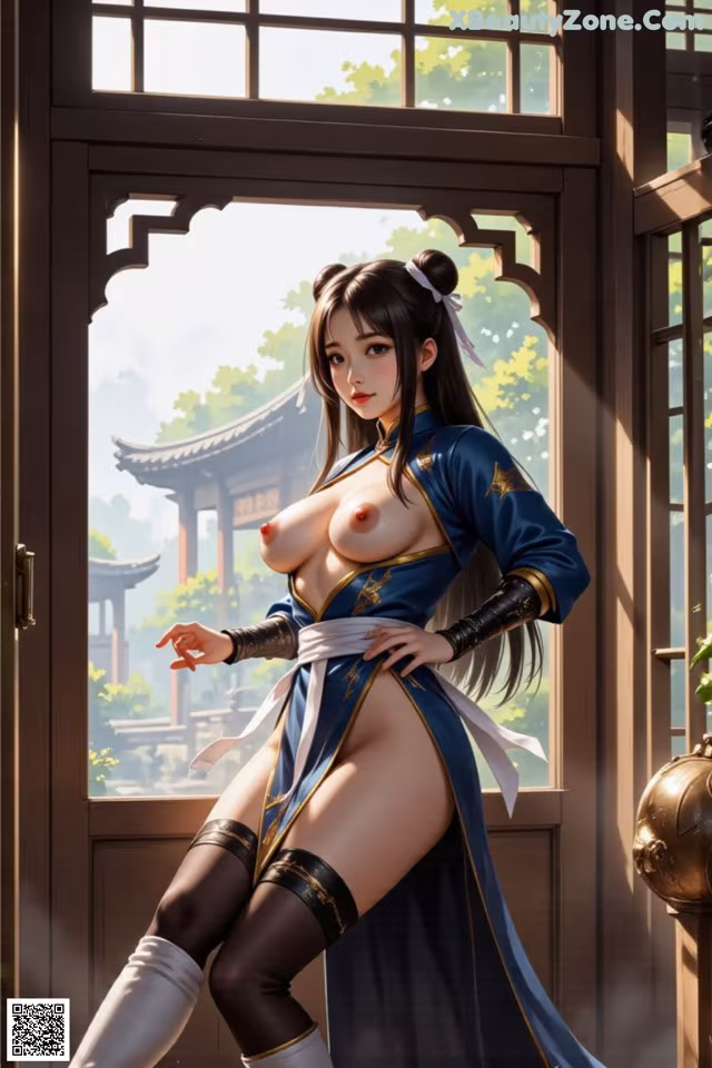 A woman in traditional attire stands by a window with a scenic view outside.