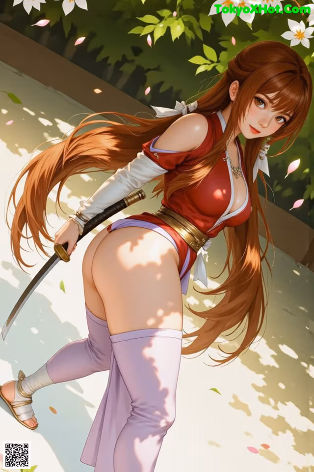 A woman with long brown hair holds a sword, wearing a red and white outfit with thigh-high boots.