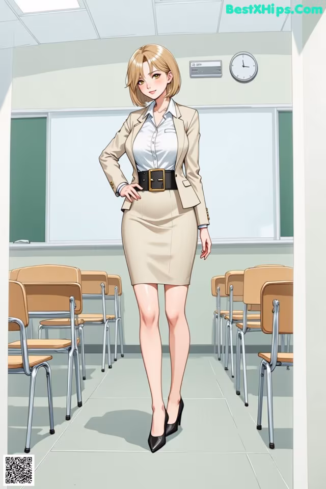 A woman in a beige skirt and blazer standing in a classroom.