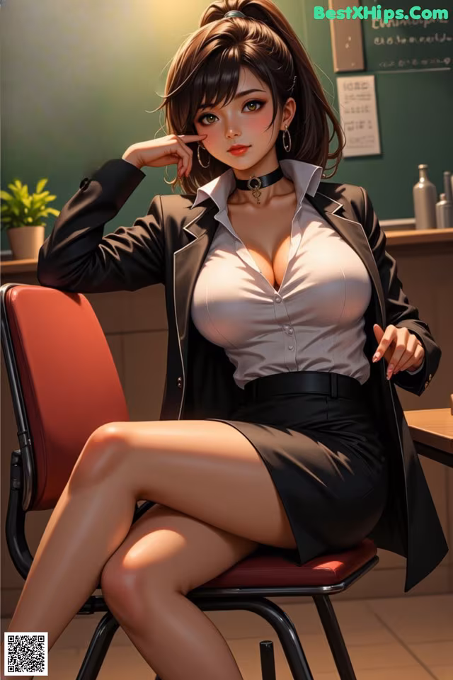 A woman sitting on a chair in front of a blackboard.