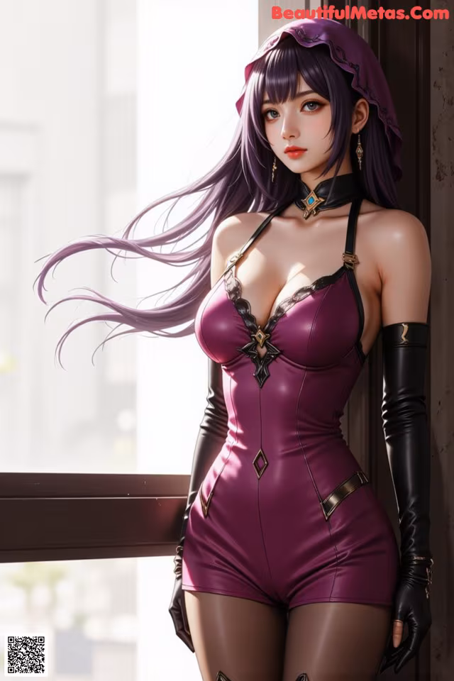 A woman in a purple outfit is posing by a window.