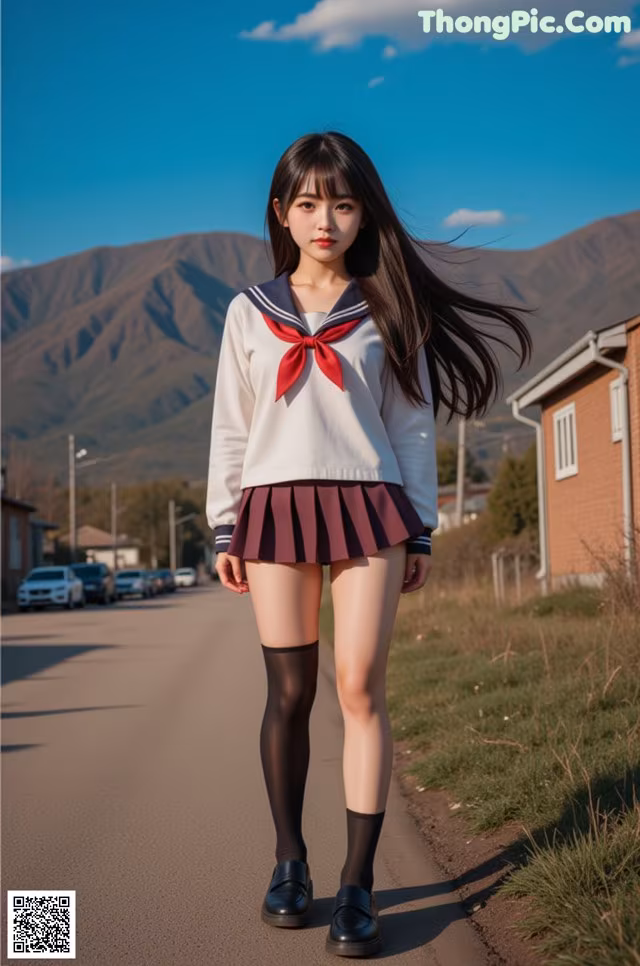 A woman in a school uniform is walking down the street.