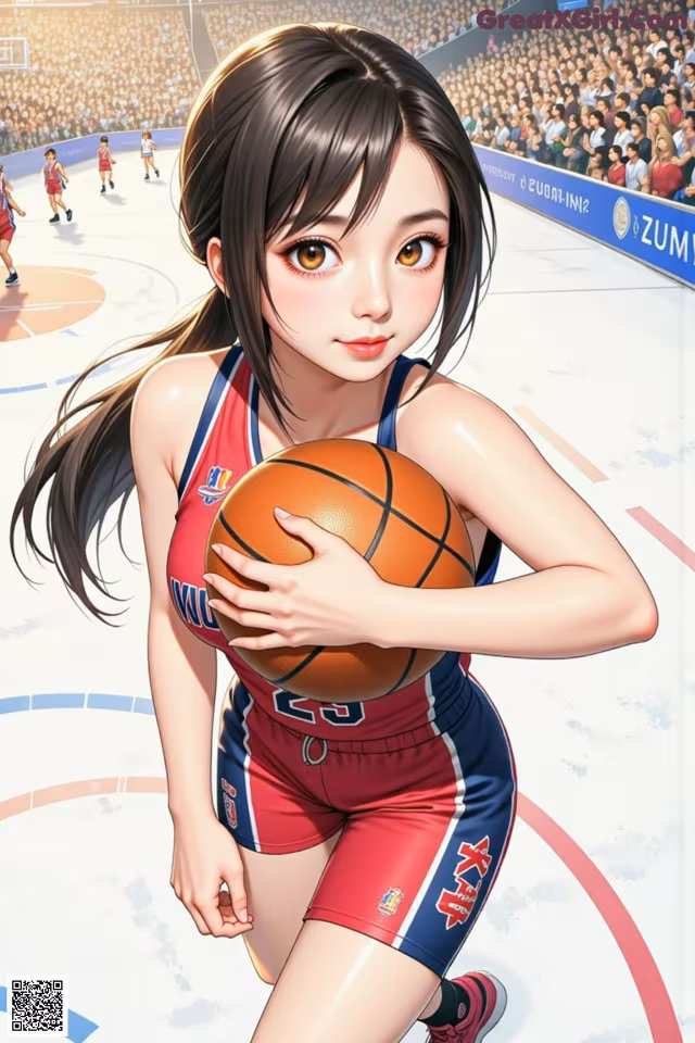 A girl holding a basketball on a basketball court.