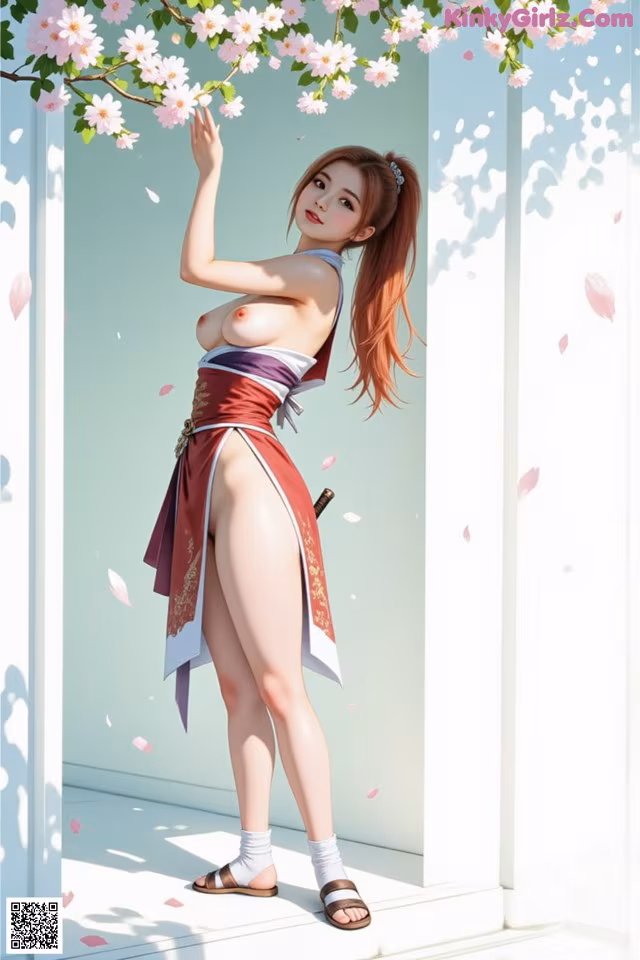 A woman in a red and white outfit stands under cherry blossoms, holding a branch.