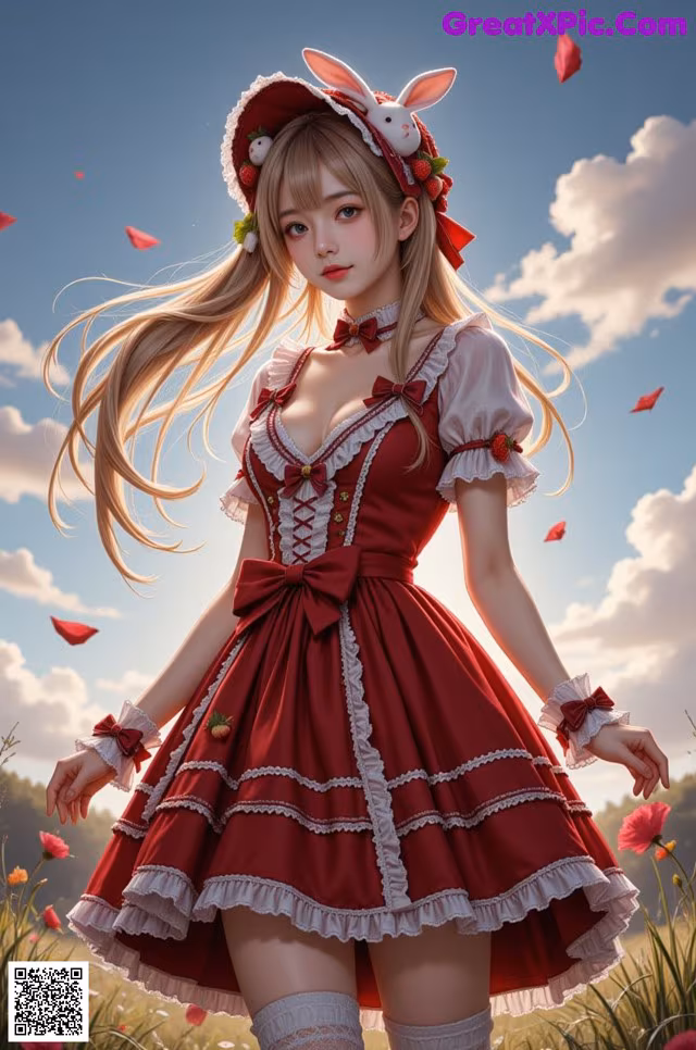 A girl in a red dress and bunny ears standing in a field.