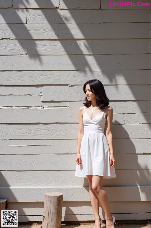 A woman in a white dress standing in front of a white wall.