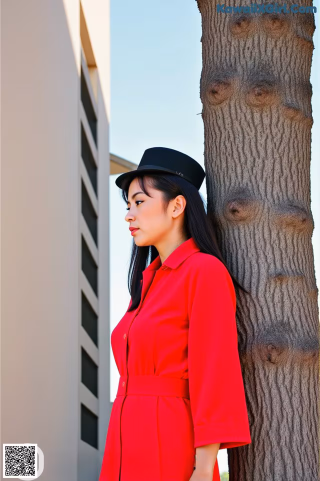 A woman in a red coat and hat leaning against a palm tree.